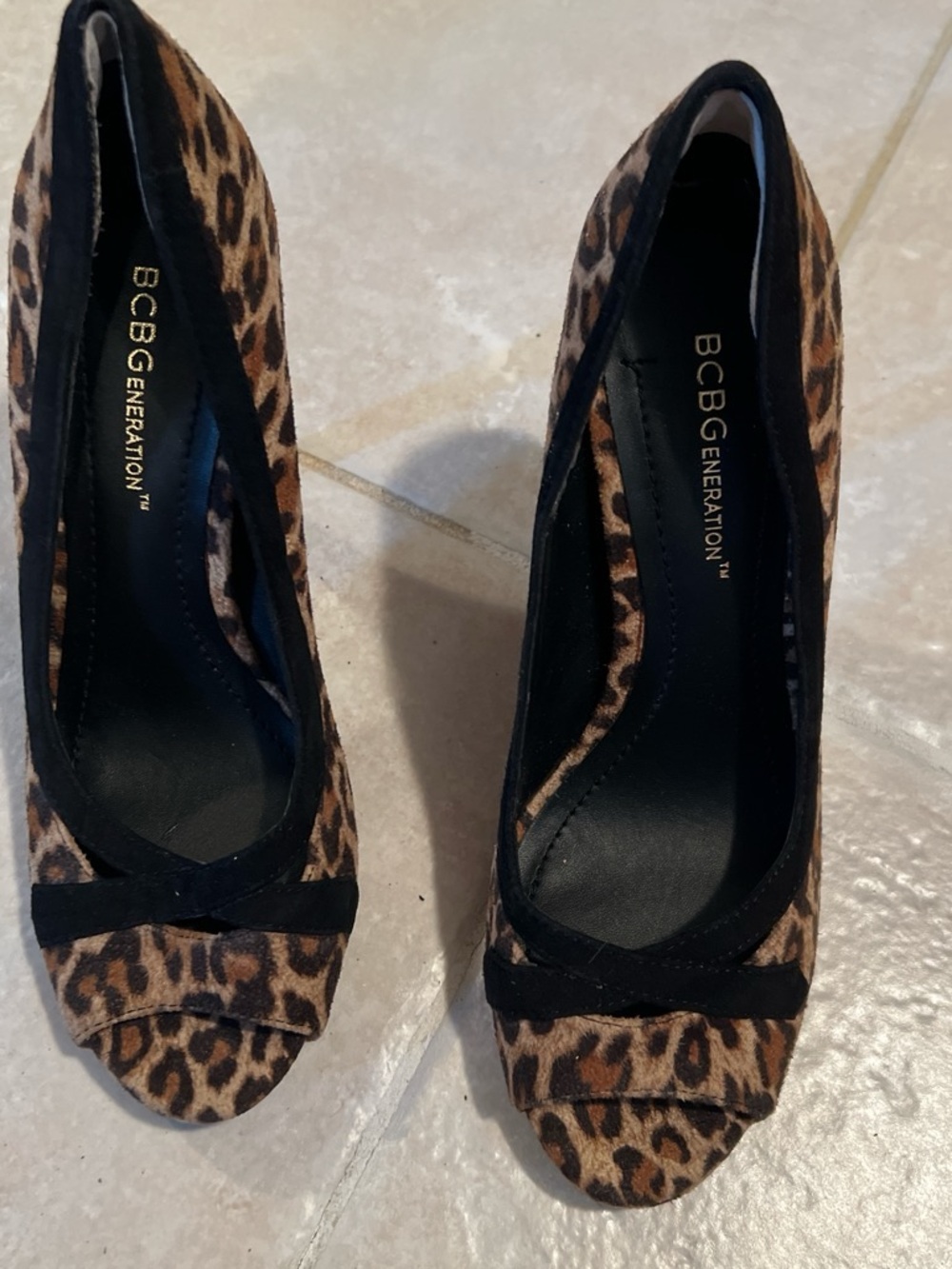 BCBGeneration Leopard Print Peep-Toe Heels in Brown and Black
